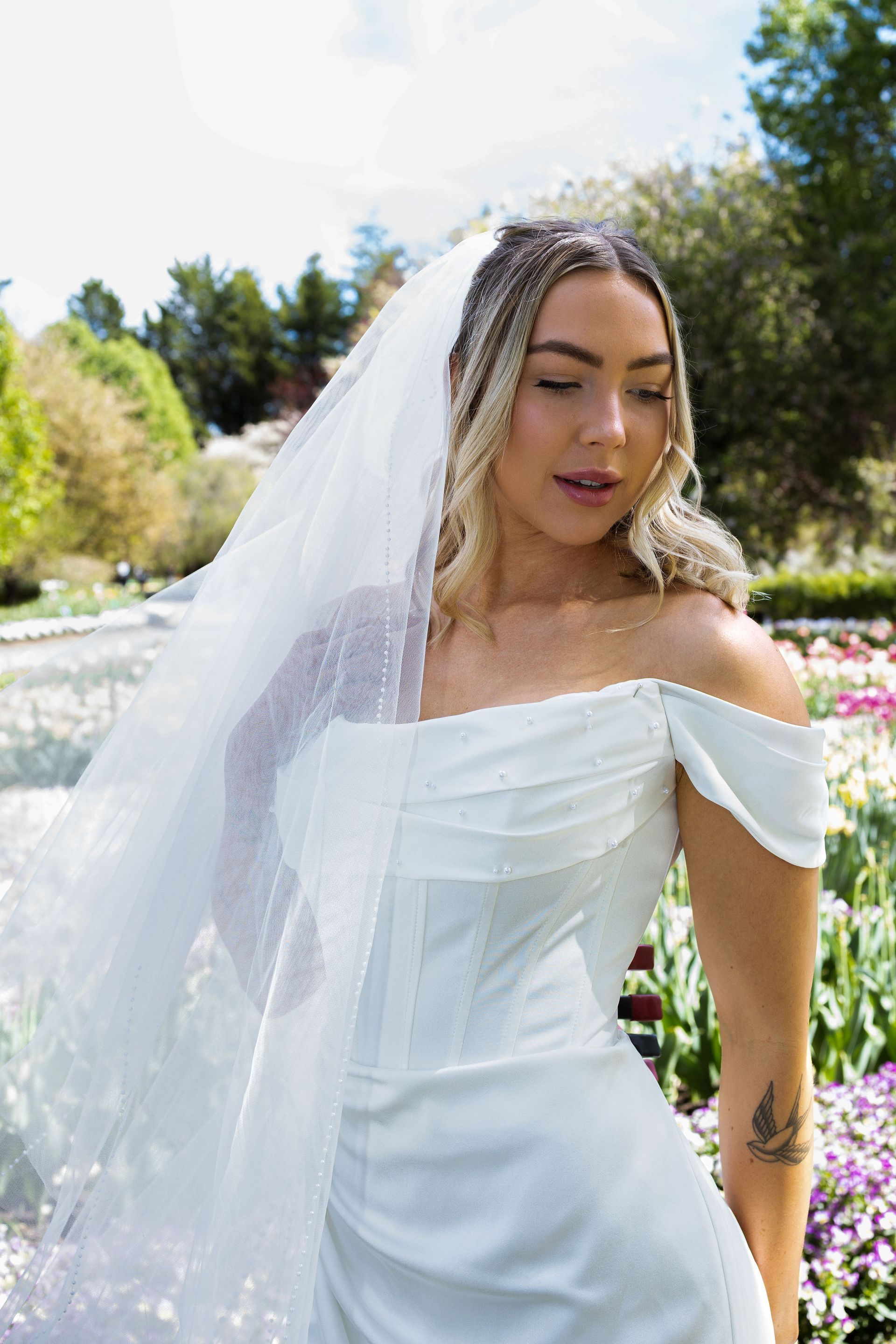 Off the Shoulder wedding dress and veil