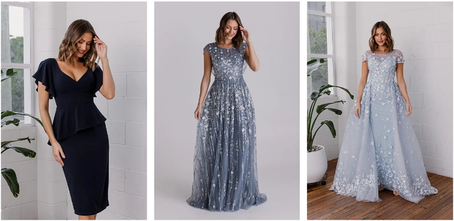 sachin and babi light blue dress Alex Evenings Rosette A-Line Gown main image 0