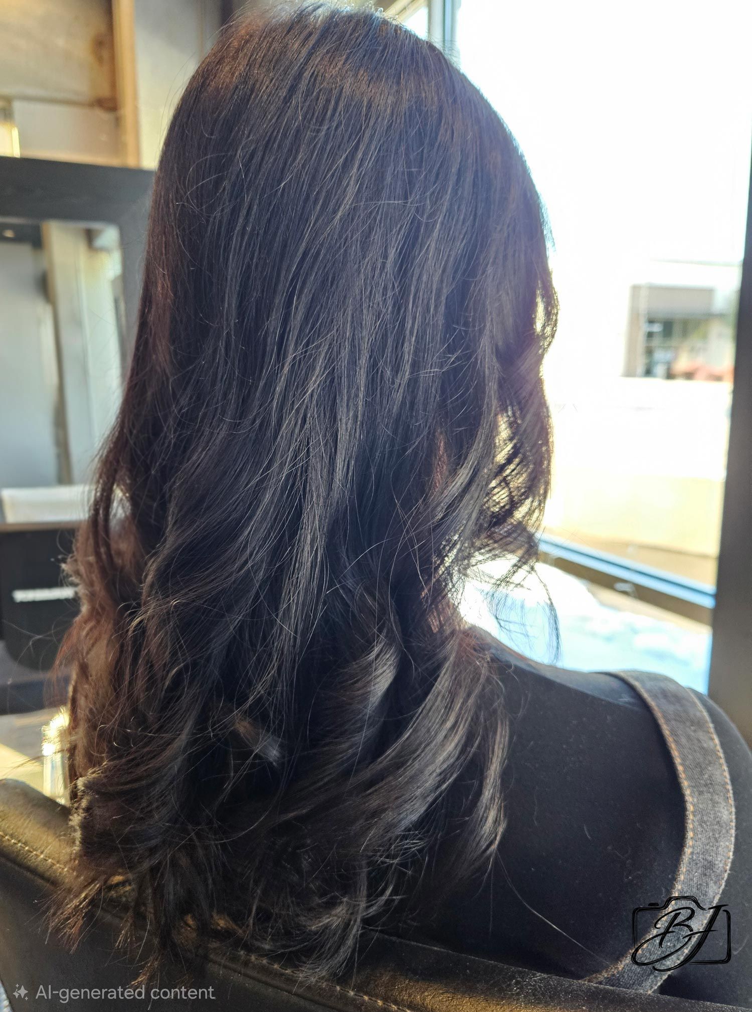 Woman with dark brown wavy hair, styled in a salon, facing away from the camera.