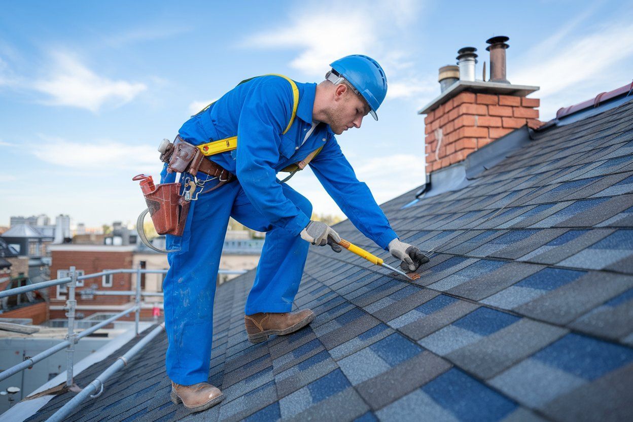 A man in a blue uniform is working on a roof.