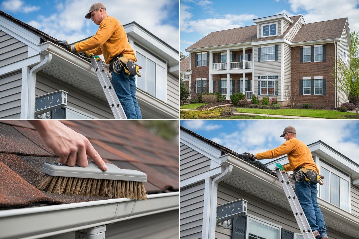 A man on a ladder is cleaning the gutters of a house.