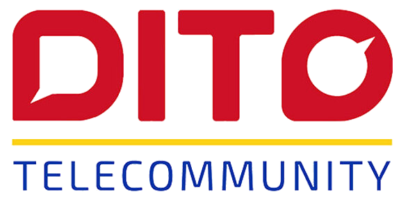 DITO Telecommunity logo in red with a speech bubble shape and a yellow line above blue text.