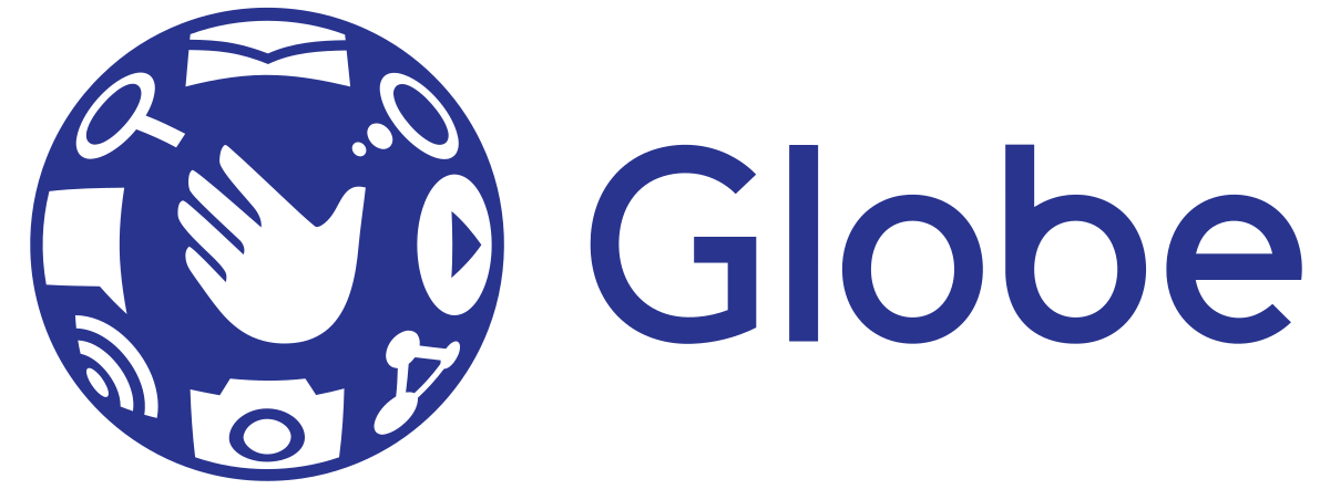 Globe logo: blue globe with hand and icons, and the word 