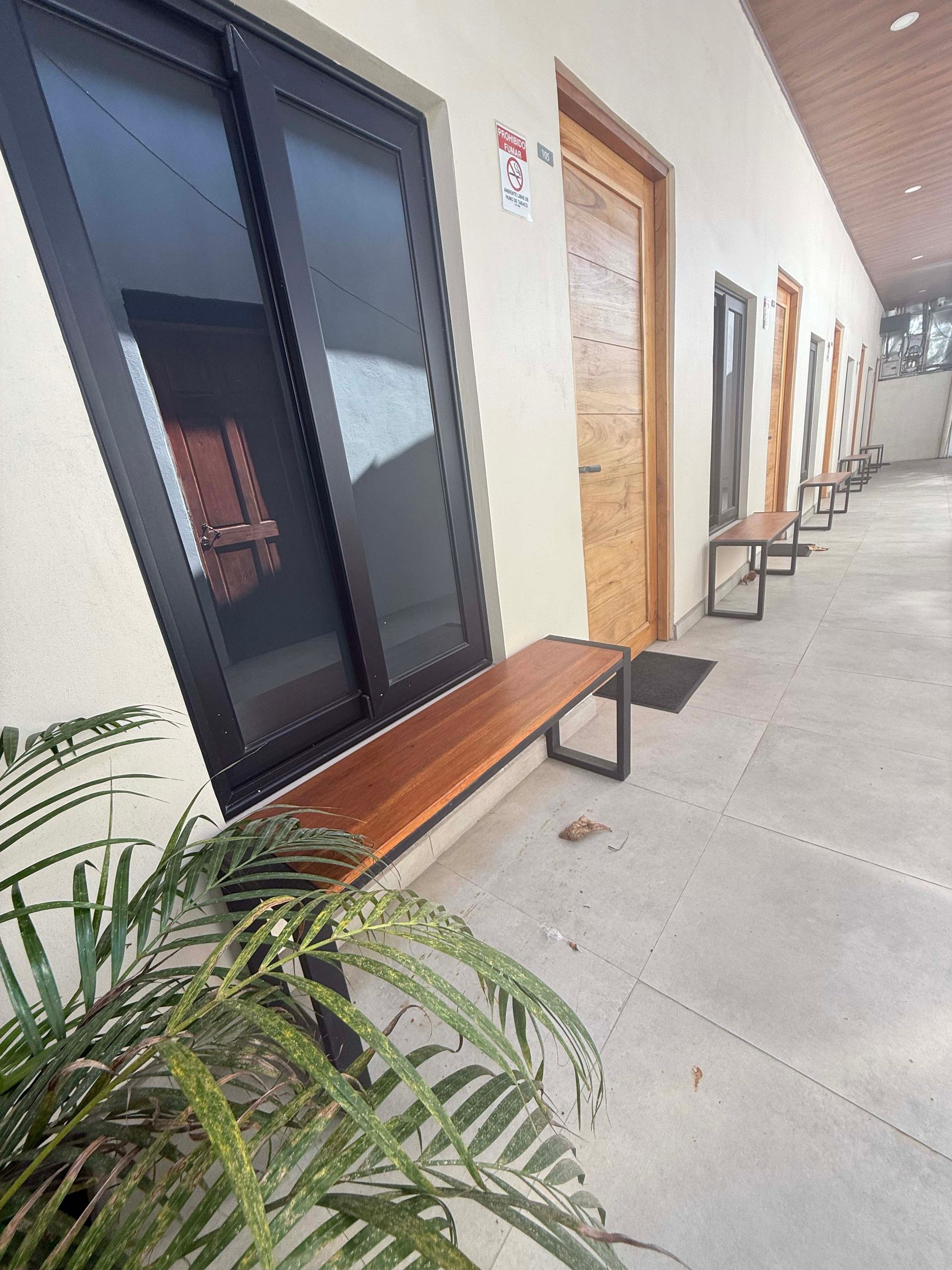 Exterior hallway with wooden benches, doors, and a plant.