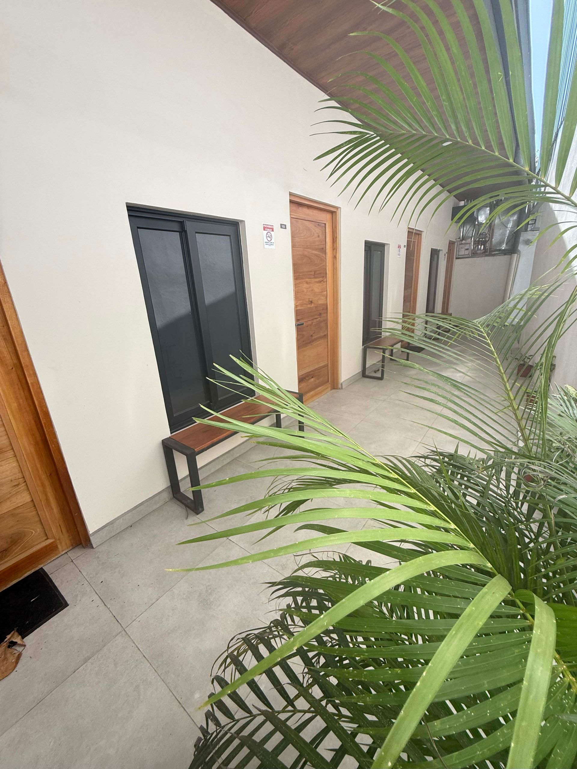 Exterior hallway with multiple wooden doors, benches, and greenery.