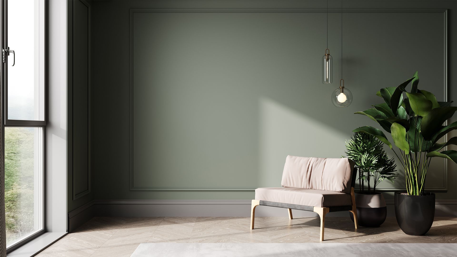 Minimalist living room with dark green walls, a beige chair, hanging lights, and potted plants by a bright window