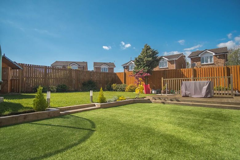 A lush green backyard with a wooden fence and houses in the background.