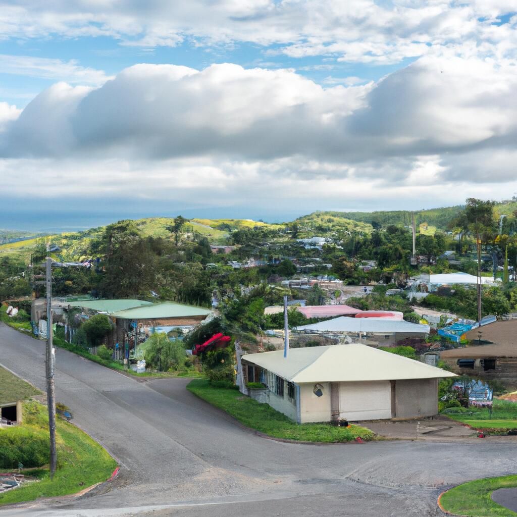View of a small town nestled in green hills under a partly cloudy sky.