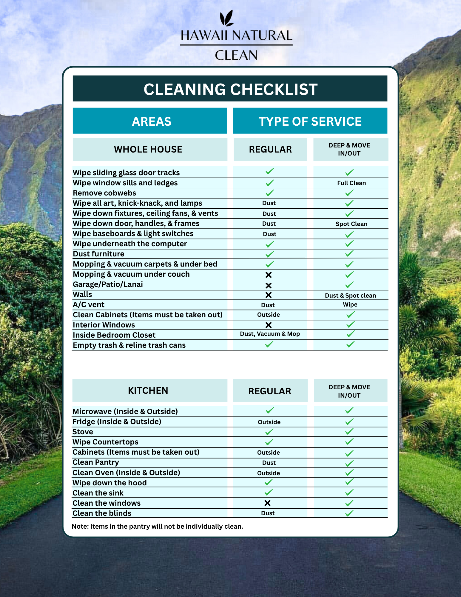 Cleaning checklist with categories for areas and services, with a scenic background.