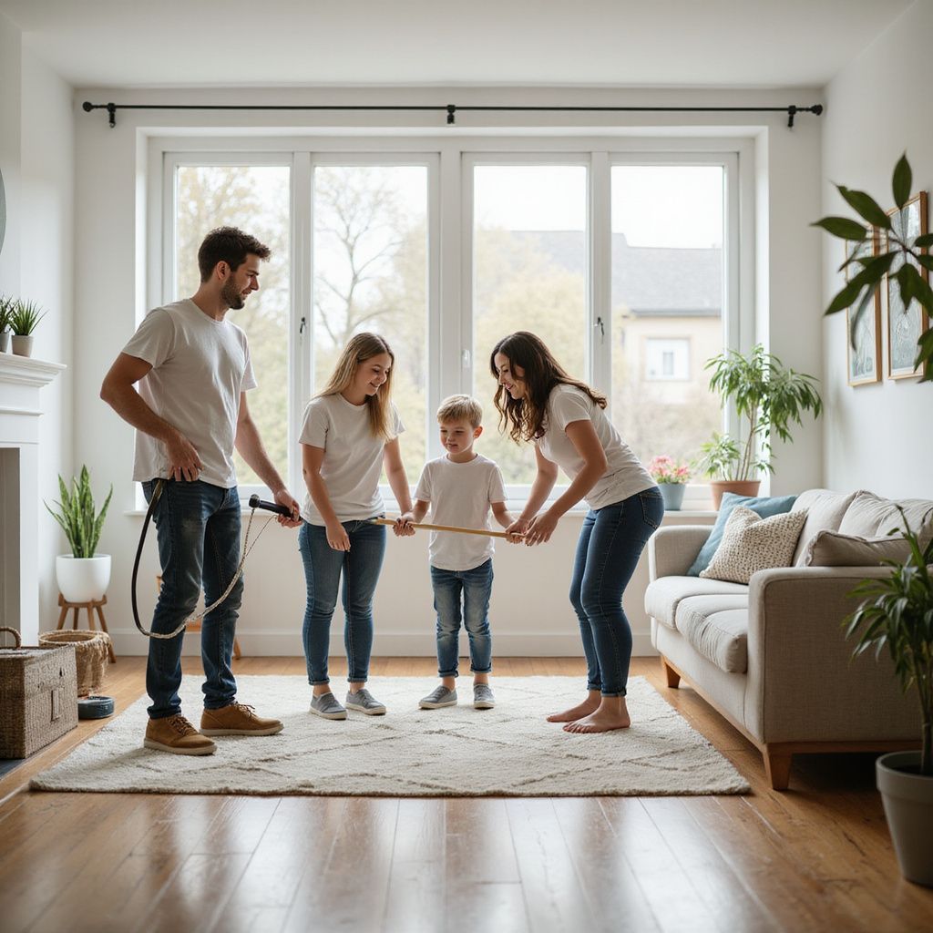 Family playing jump rope indoors, near large window. White shirts, jeans, smiles.