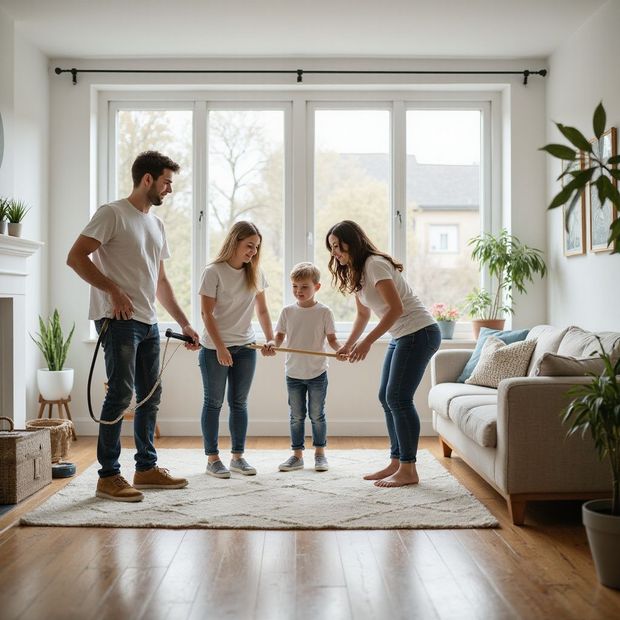 Family playing jump rope indoors, near large window. White shirts, jeans, smiles.