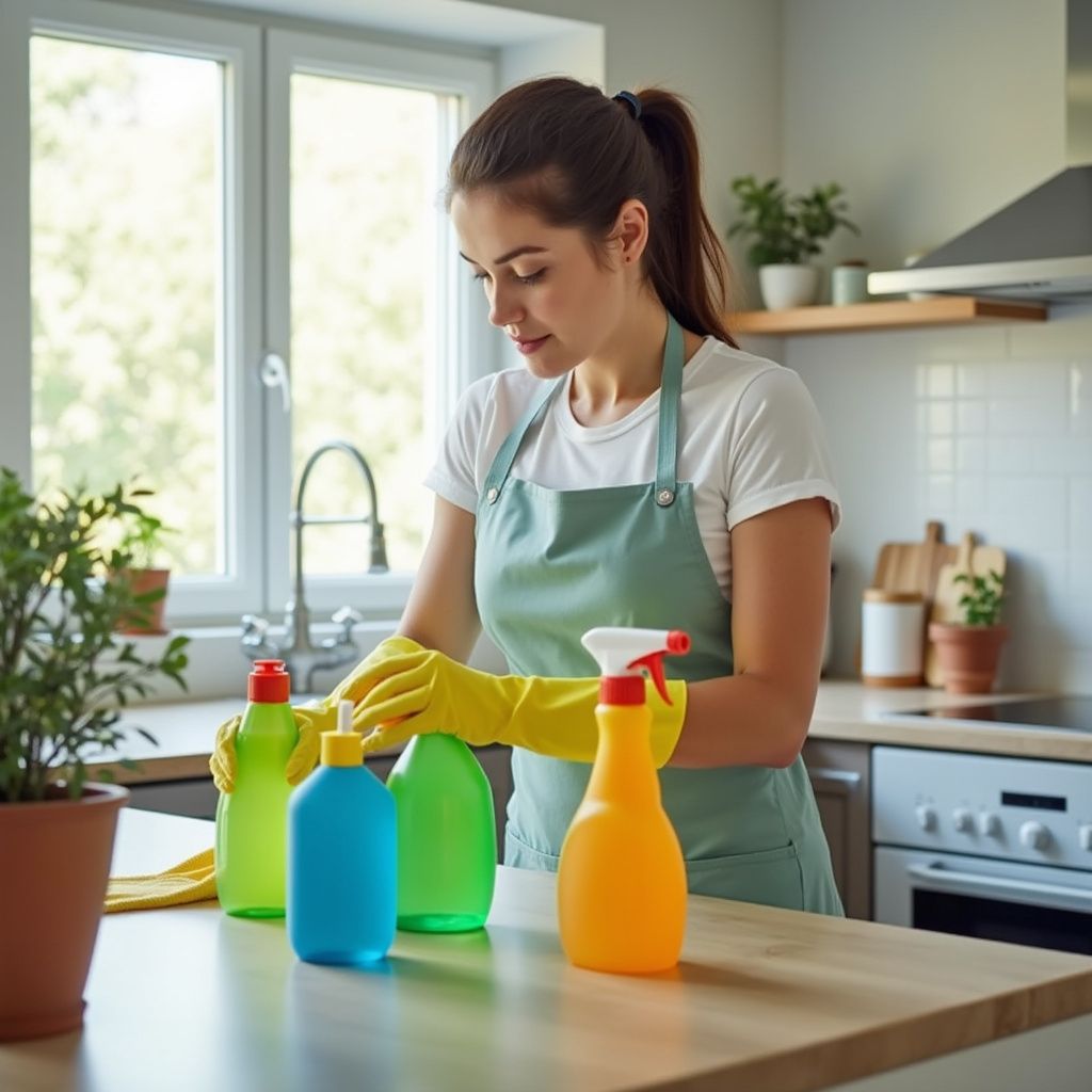 Woman wearing apron and gloves cleaning kitchen counter with cleaning supplies.