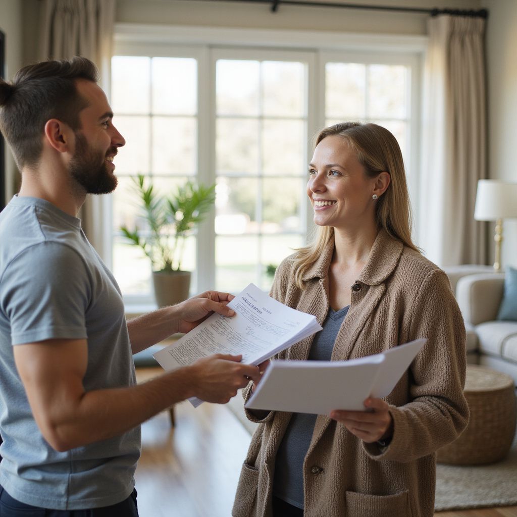 A man hands documents to a smiling woman in a living room with a window after his move out clean.