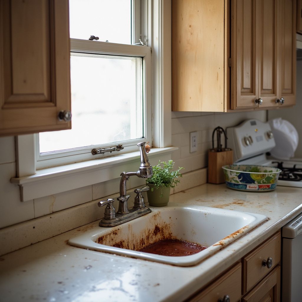 Kitchen sink and countertop covered in a thick, reddish-brown substance. Light cabinets, a window, and stove visible.