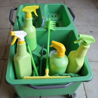 Green cleaning supplies in a rolling cart: spray bottles, brushes, a squeegee, and sponge.