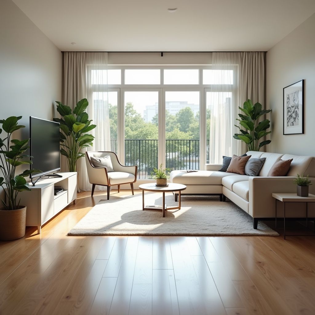 Bright living room with a large window, plants, and modern furniture.