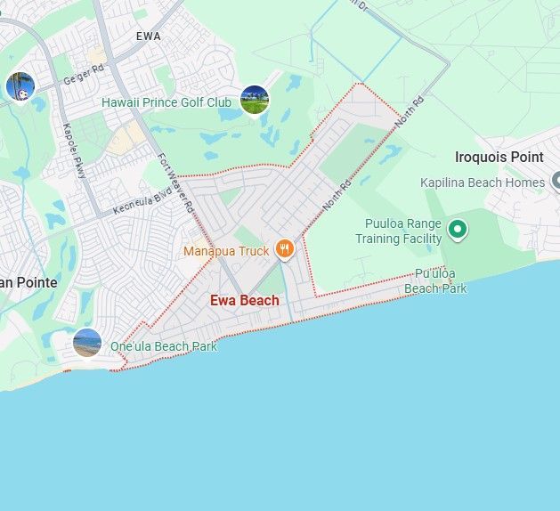 Map of Ewa Beach, Hawaii, outlined in red, showing roads, golf course, beach, and ocean.