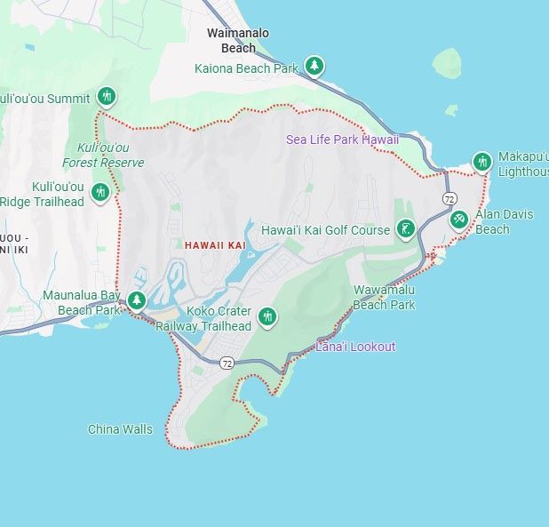 Map of Oahu's southeastern coast, highlighting points like Hawaii Kai and Koko Head.