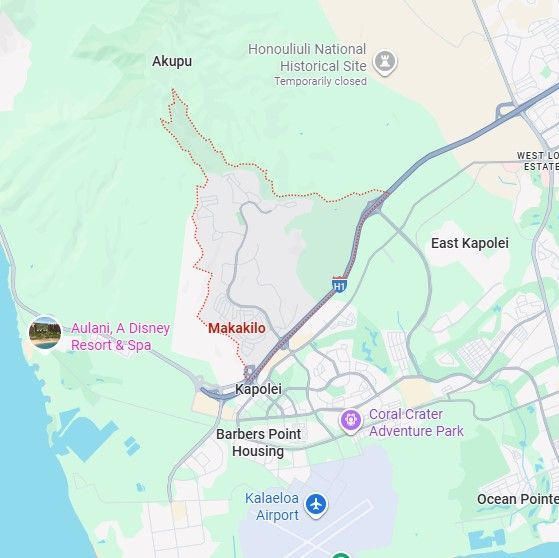 Map of Makakilo, Hawaii, with surrounding areas like Kapolei, Ko Olina, and Honolulu International Site.