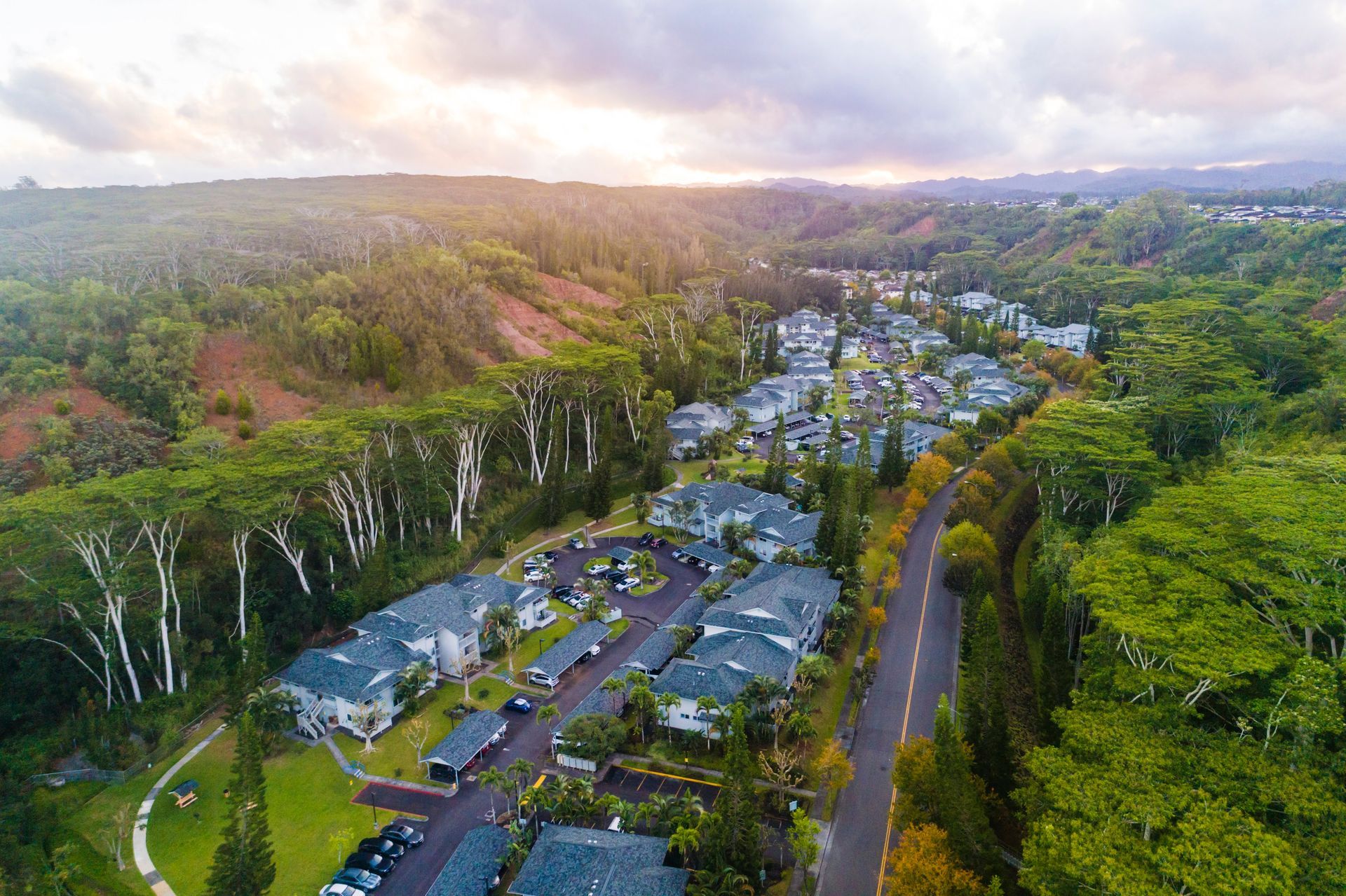 Residential neighborhood nestled in a lush, green valley, with a road winding through. Cloudy sky.