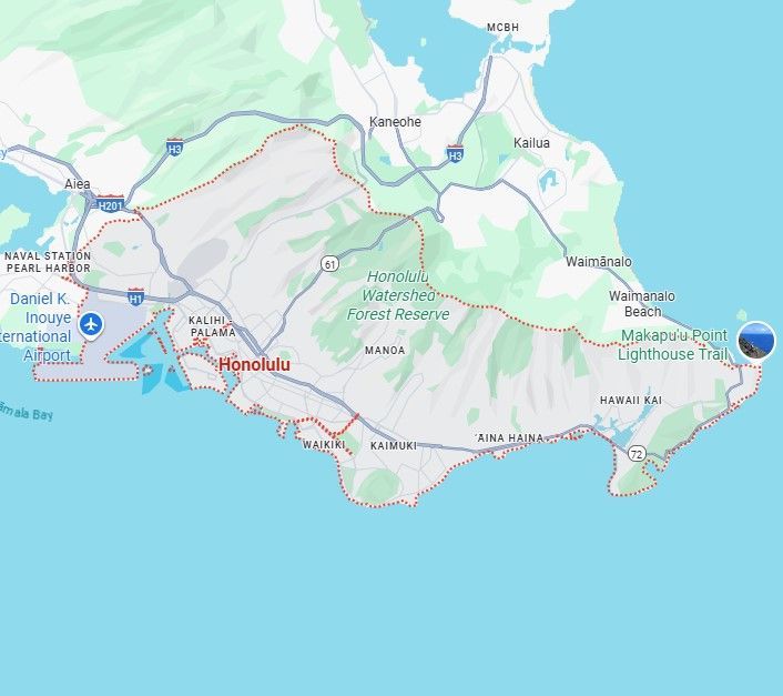Map of Honolulu, Hawaii, showing roads, mountains, and coastal areas.