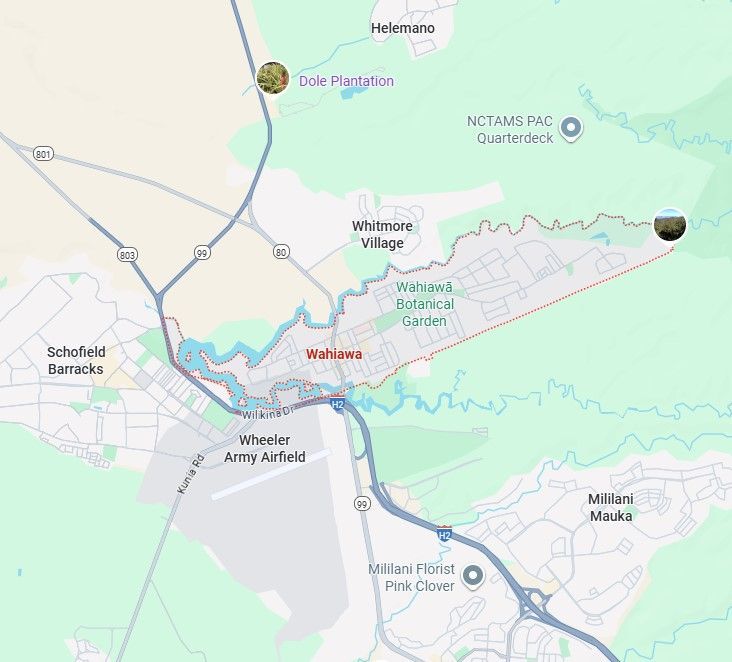 Map of Wahiawa, Hawaii, showing roads, water, and locations like Dole Plantation.