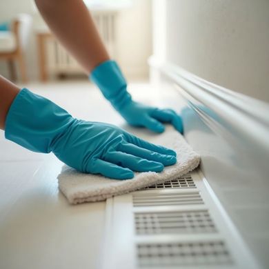 Cleaner cleaning with blue gloves. 