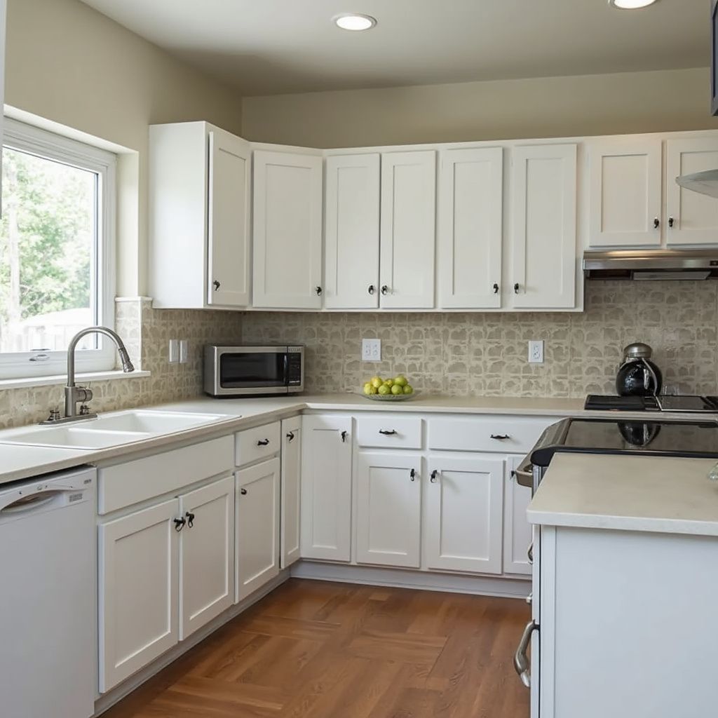 White kitchen with cabinets, appliances, sink, and window. Wood floor.