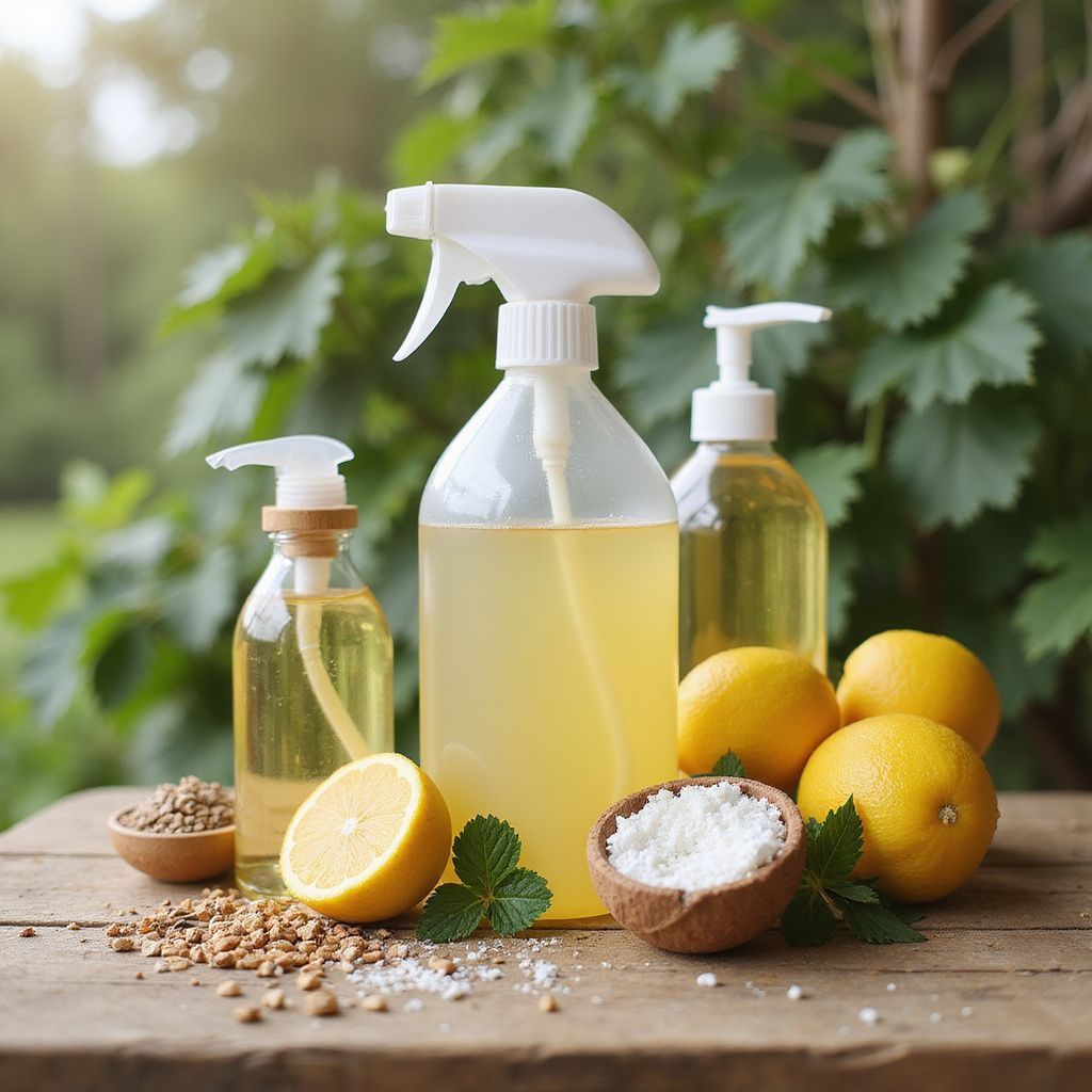 Bottles of cleaning solution with lemons, baking soda, and herbs on a wooden table, outdoors.