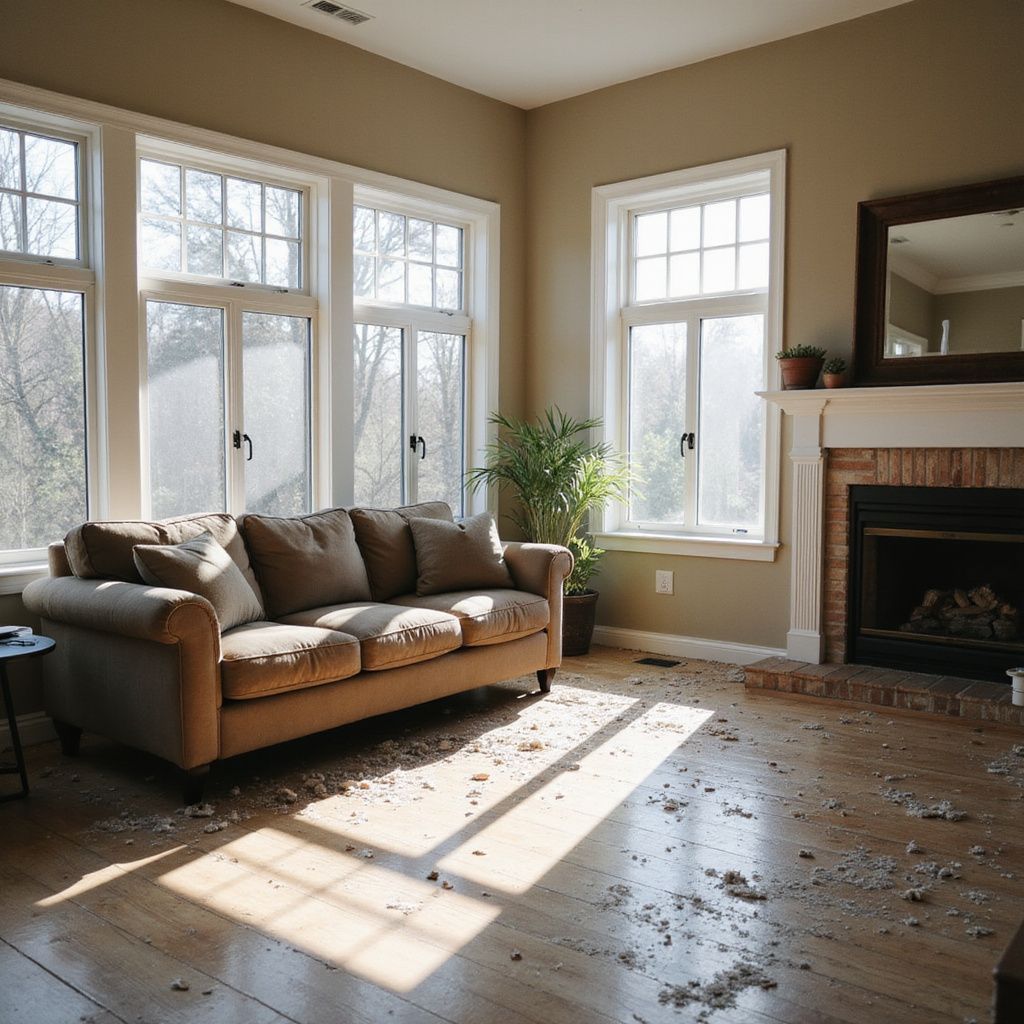 Beige sofa in living room with debris scattered on the wooden floor, near large windows and fireplace.