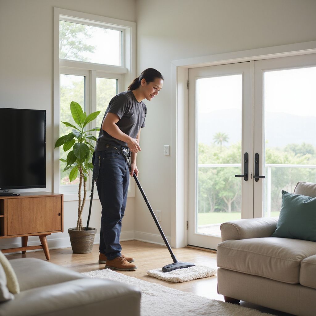 Person mopping the floor in a bright living room with a large window and sliding glass doors.