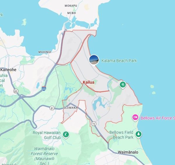 Map of Kailua, Hawaii, showing roads, coastline, and parks.