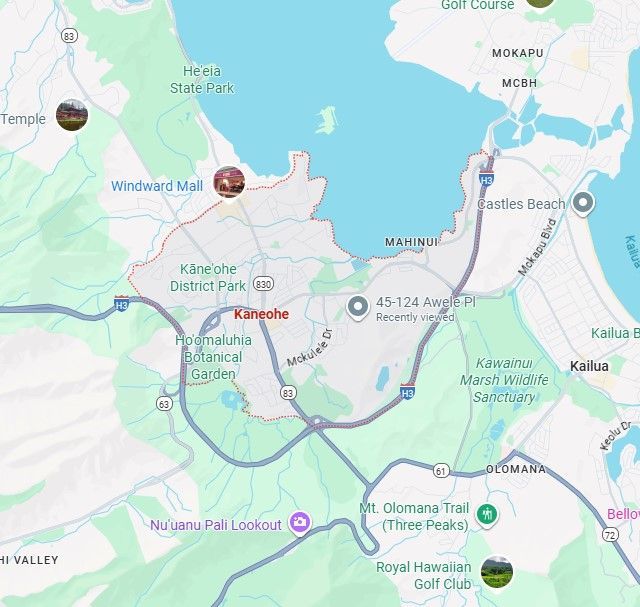 Map of Kaneohe, Oahu, Hawaii, highlighting locations with pins, including a mall, temple, and trail.