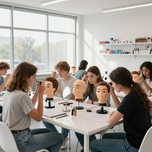 In una luminosa aula di estetica, gli studenti si esercitano a realizzare acconciature su teste di manichino.