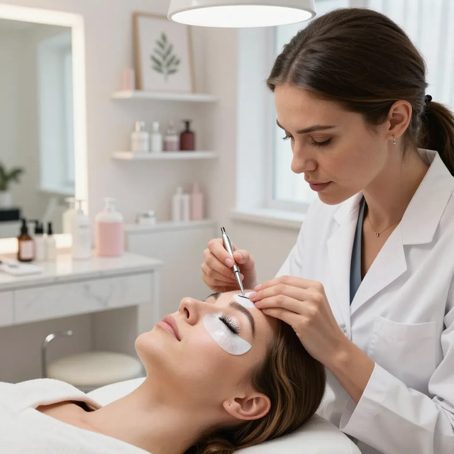 Un'estetista applica extension per ciglia a una cliente in una luminosa sala spa.