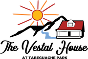 The logo for the vestal house at tabeguache park shows a house with a red roof and a mountain in the background.