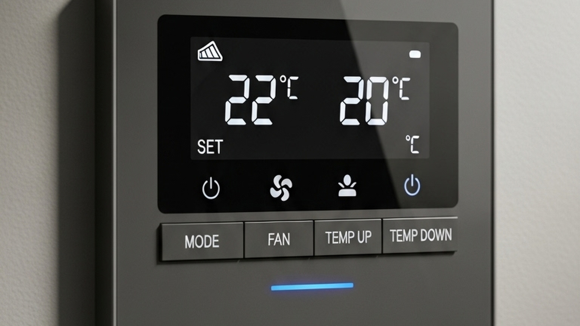 Digital thermostat displaying 22°C set, 20°C current, and buttons for mode, fan, temperature up/down, and power.