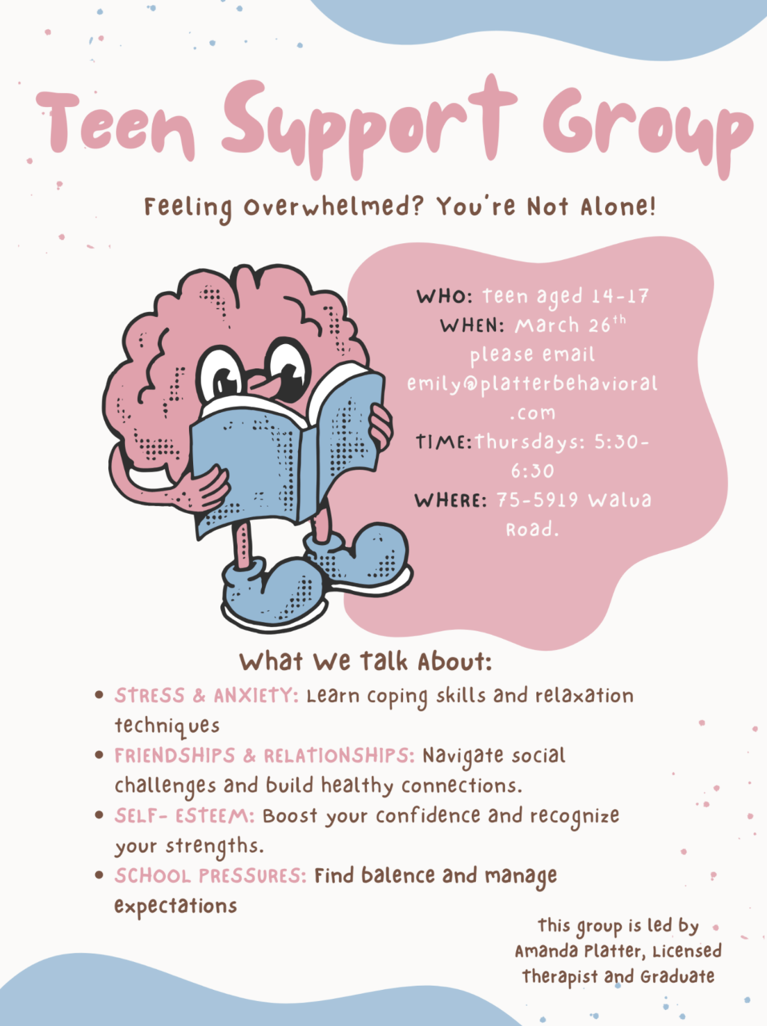 Teen Support Group flyer with cartoon teen reading on a pink cloud and meeting details listed on the right