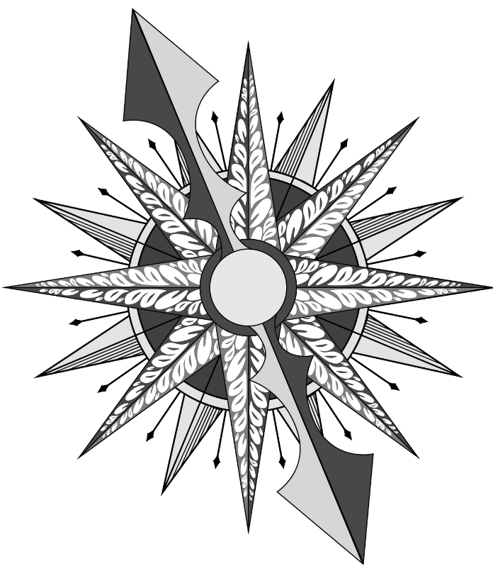 A black and white drawing of a star compass