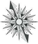 A black and white drawing of a compass with a white center