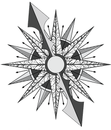 A black and white drawing of a compass with a white center