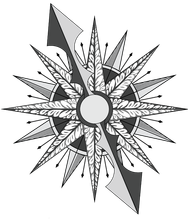 A black and white drawing of a compass with a white center