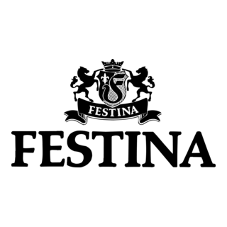 Sort FESTINA-logo med våbenskjold og båndemblem over det fede ordmærke