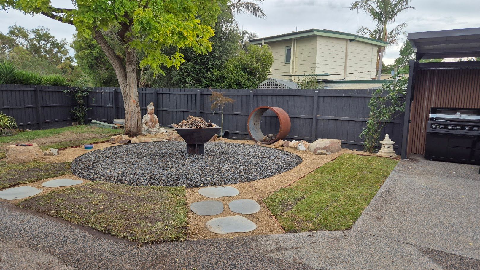 There is a fire pit in the middle of the garden.