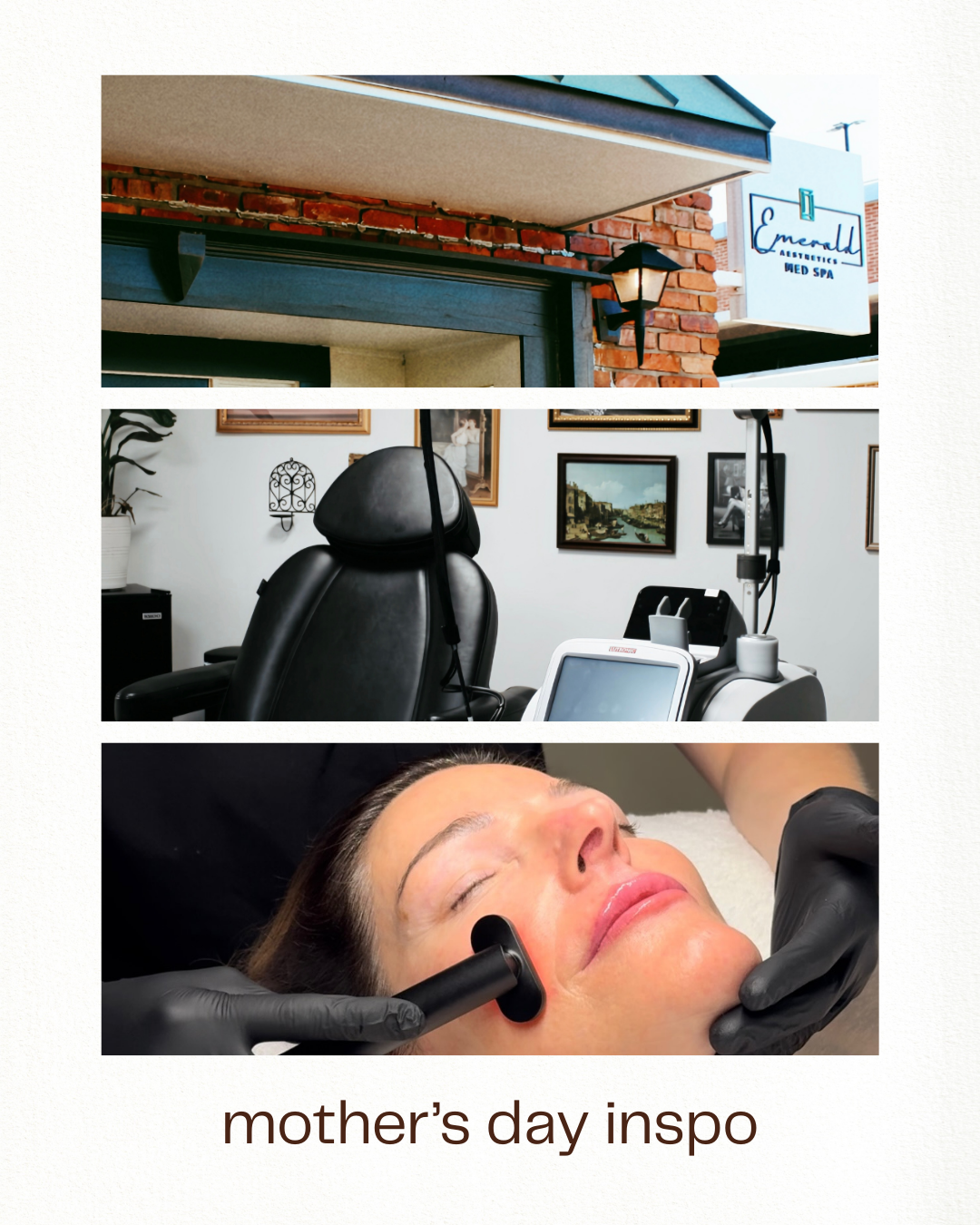 Collage of a spa and treatment room with a facial massage, labeled “mother’s day inspo”