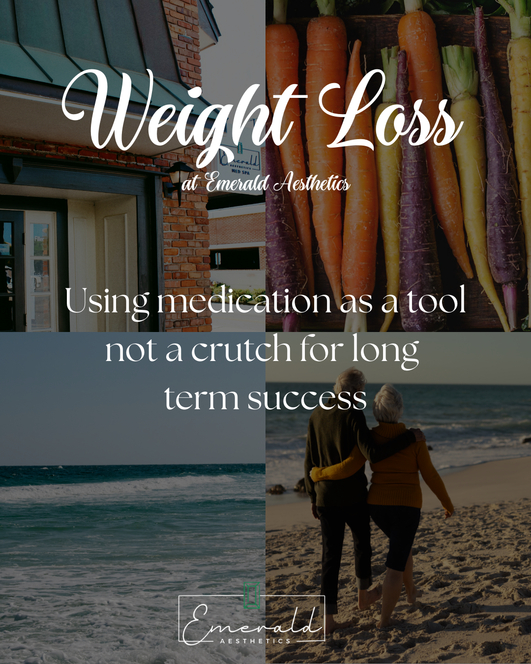 Weight loss advertisement. Text on building, carrots, beach. Mentions medication as a tool for success.