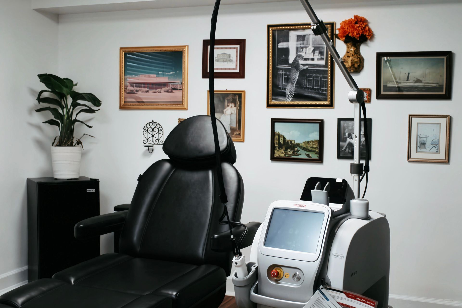 A medical professional injecting a man's face with a syringe in a clinic setting.