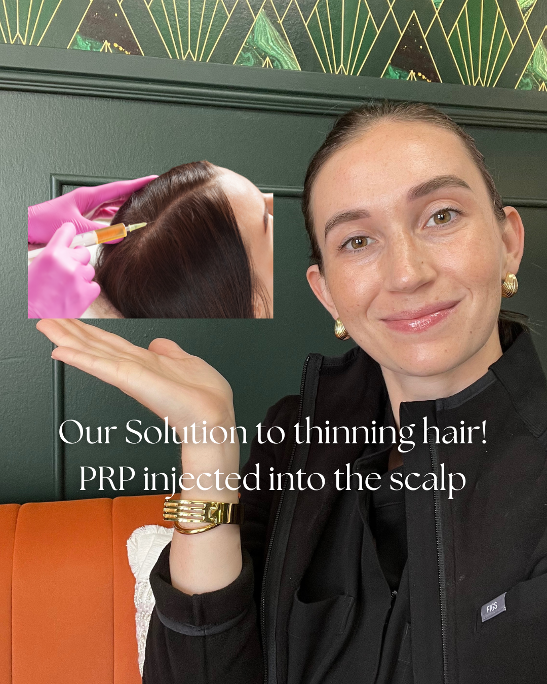 Woman holding out hand with embedded photo of scalp injection: PRP treatment for thinning hair.