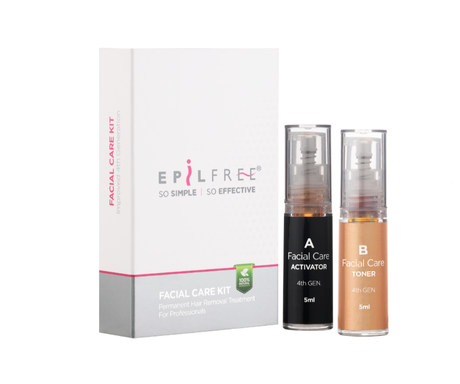 Epilfree Facial Care Kit with two bottles of activator and toner next to the box.