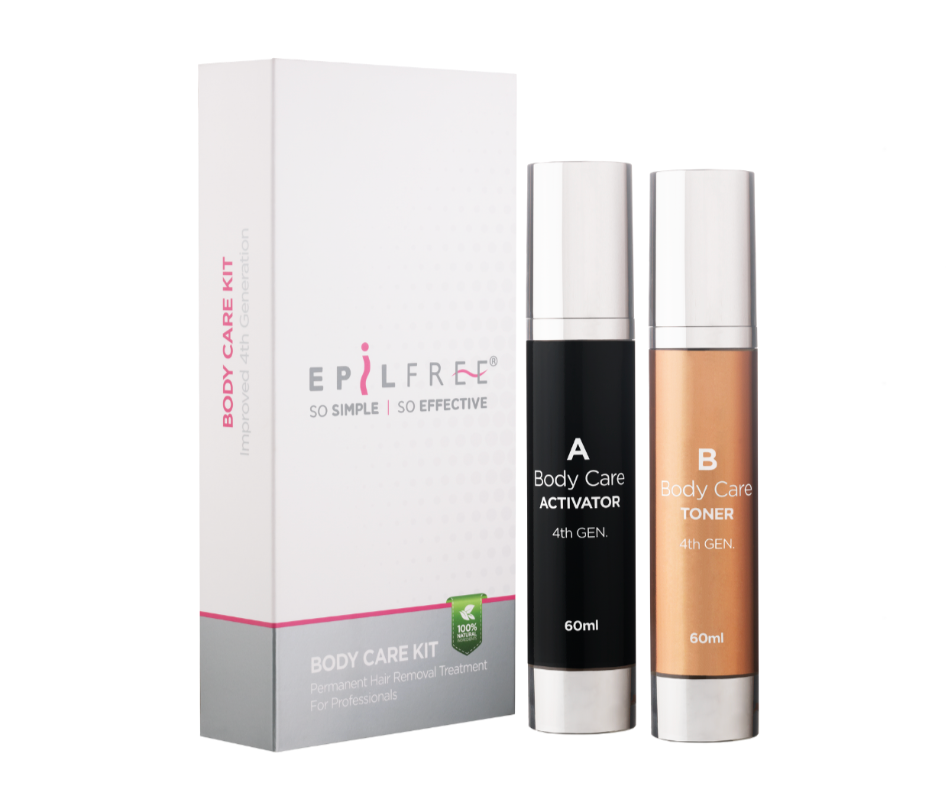 Epilfree body care kit: box, Activator (A), Toner (B) bottles; white, black, tan. Body hair removal treatment.